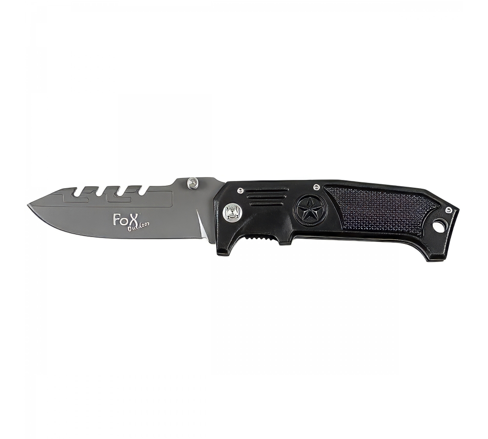 Klappmesser "Black Edge", Metallgriff, teils gezahnt, schwarz – FoxOutdoor
