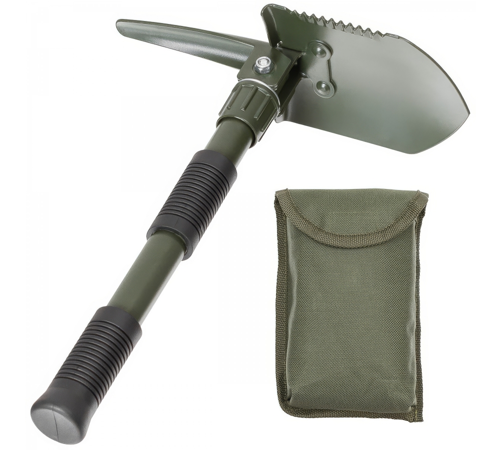 Skládací lopatka 3v1, motyka & pilka, gumová rukojeť, pouzdro, 41 cm – MFH