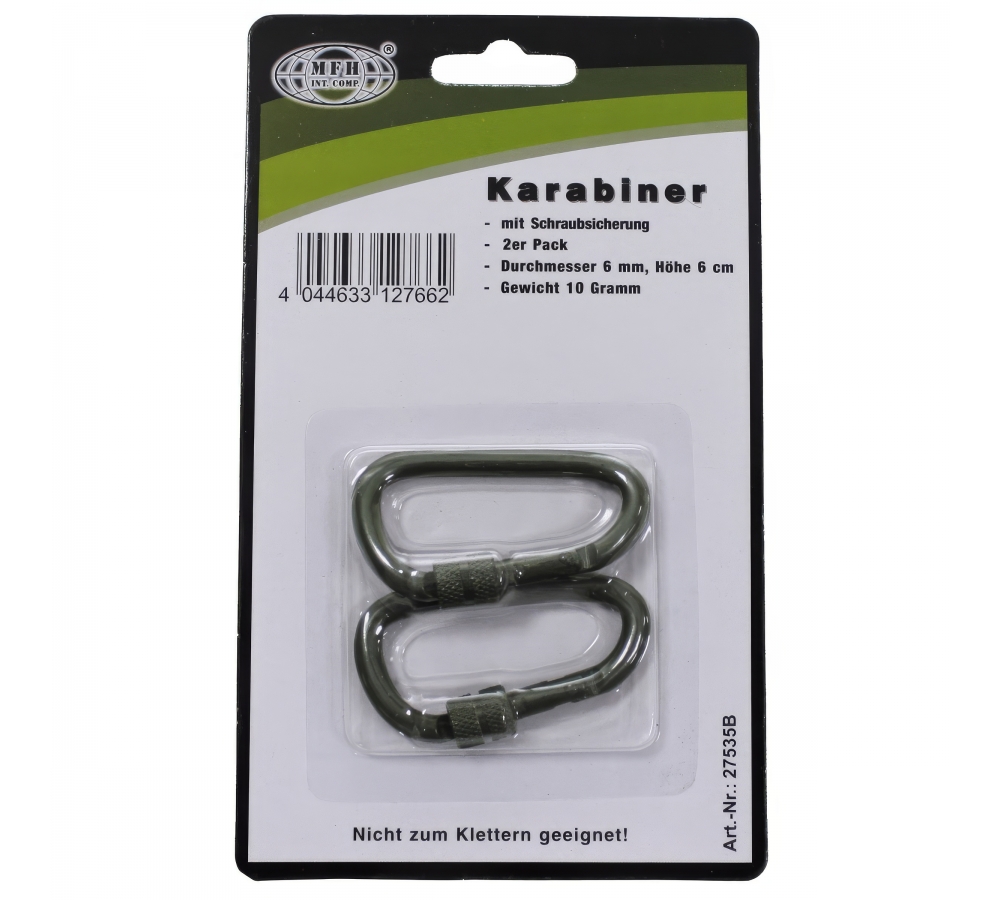 Karabiner Schraubverschluss D 6 mm x 6 cm 2er Pack oliv