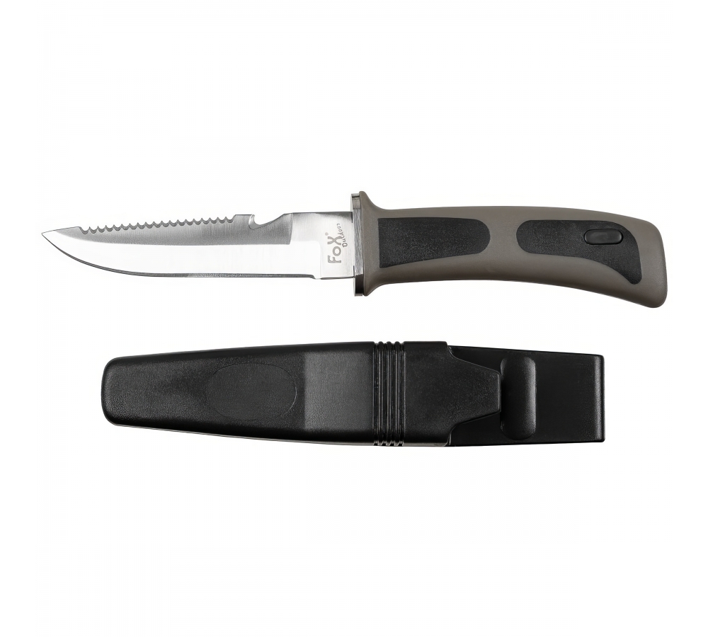 Tauchermesser, schwarz, mit Gummigriff und Scheide – FoxOutdoor
