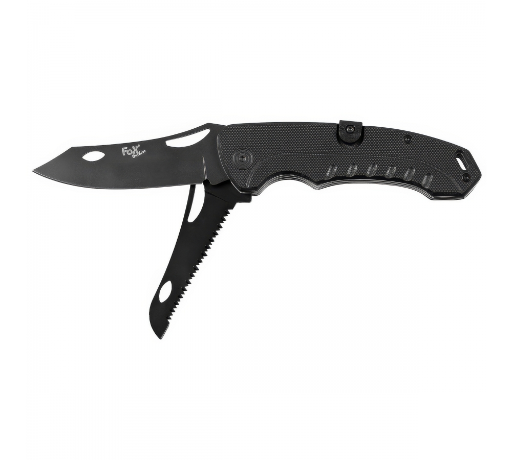 Klappmesser "DuoTool", G10-Griff, Glattschliff & Säge, schwarz – FoxOutdoor