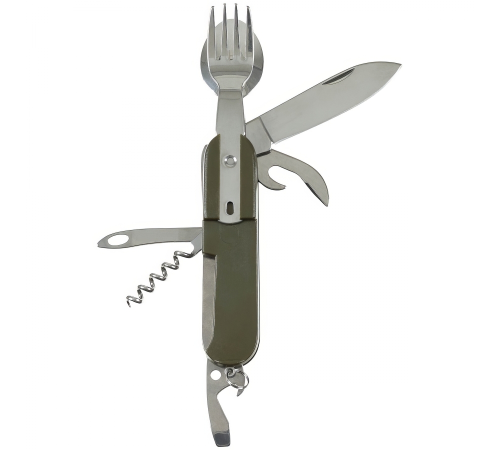 Taschenmesser oliv – Multitool mit Gabel, Löffel, Etui, MFH