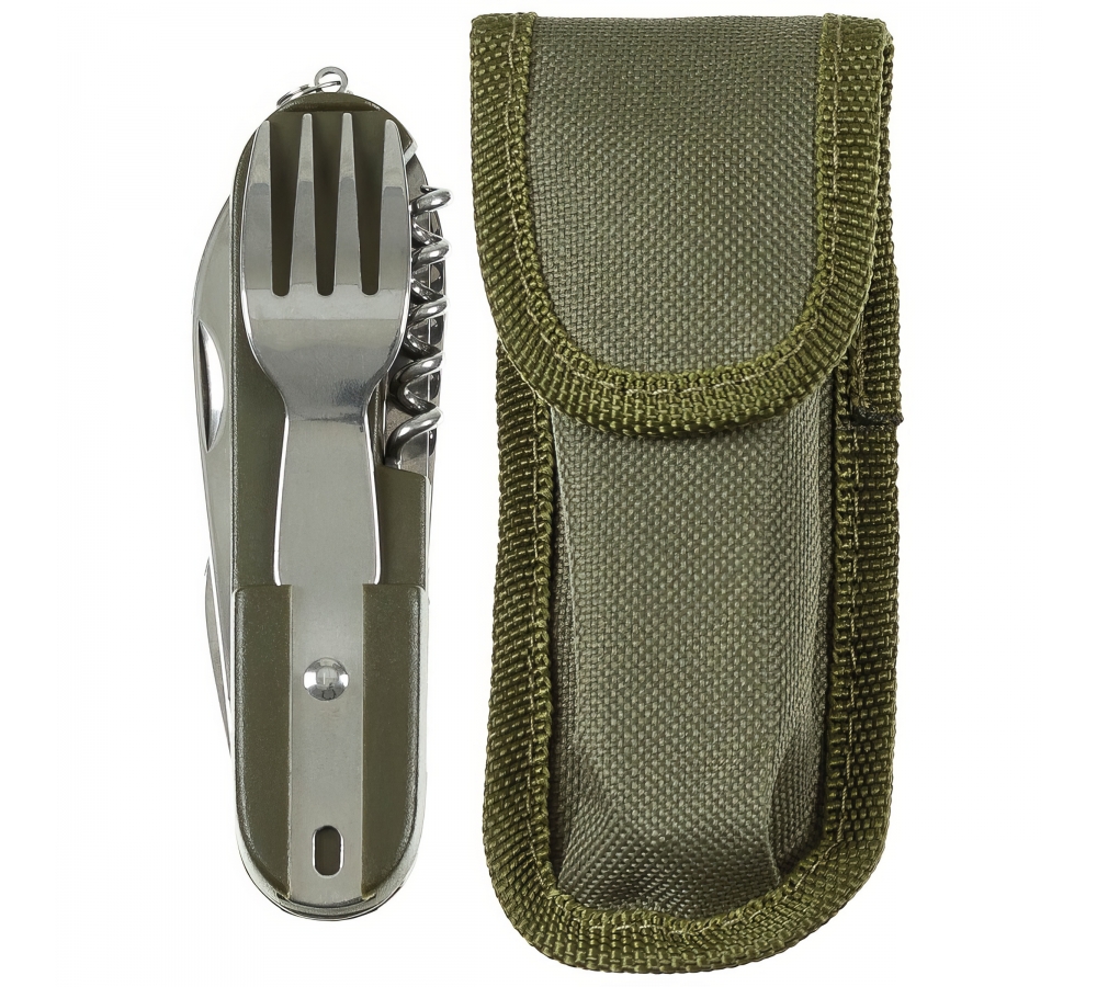 Taschenmesser oliv – Multitool mit Gabel, Löffel, Etui, MFH