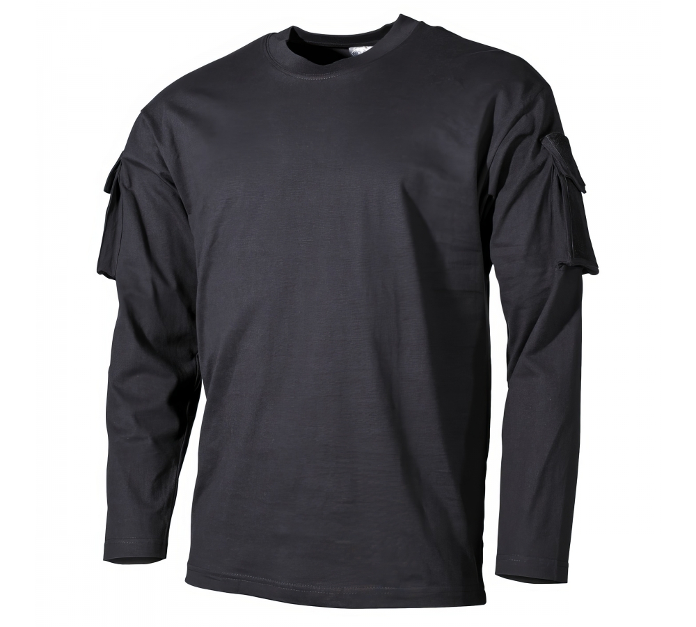 Chemise noire à manches longues avec poches sur les manches
