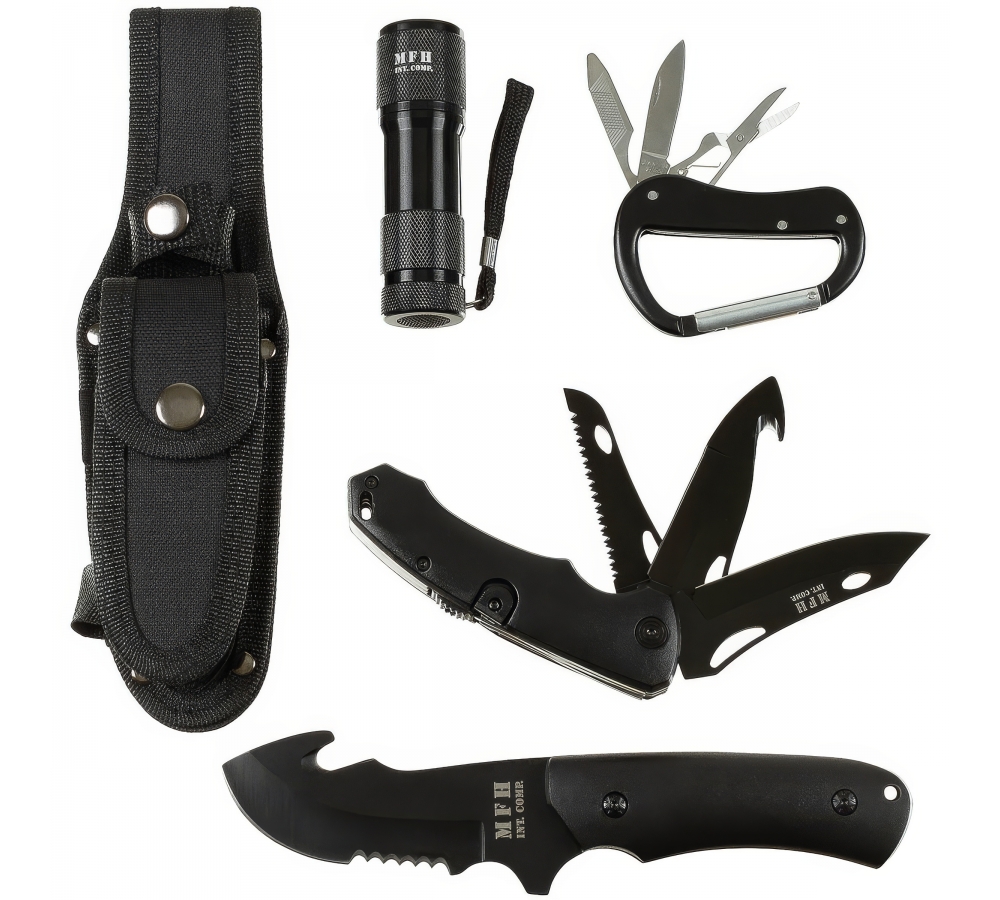 Messerset schwarz mit Klappmesser, LED-Lampe, Karabiner & Scheide – MFH