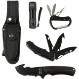 Messerset schwarz mit Klappmesser, LED-Lampe, Karabiner & Scheide – MFH