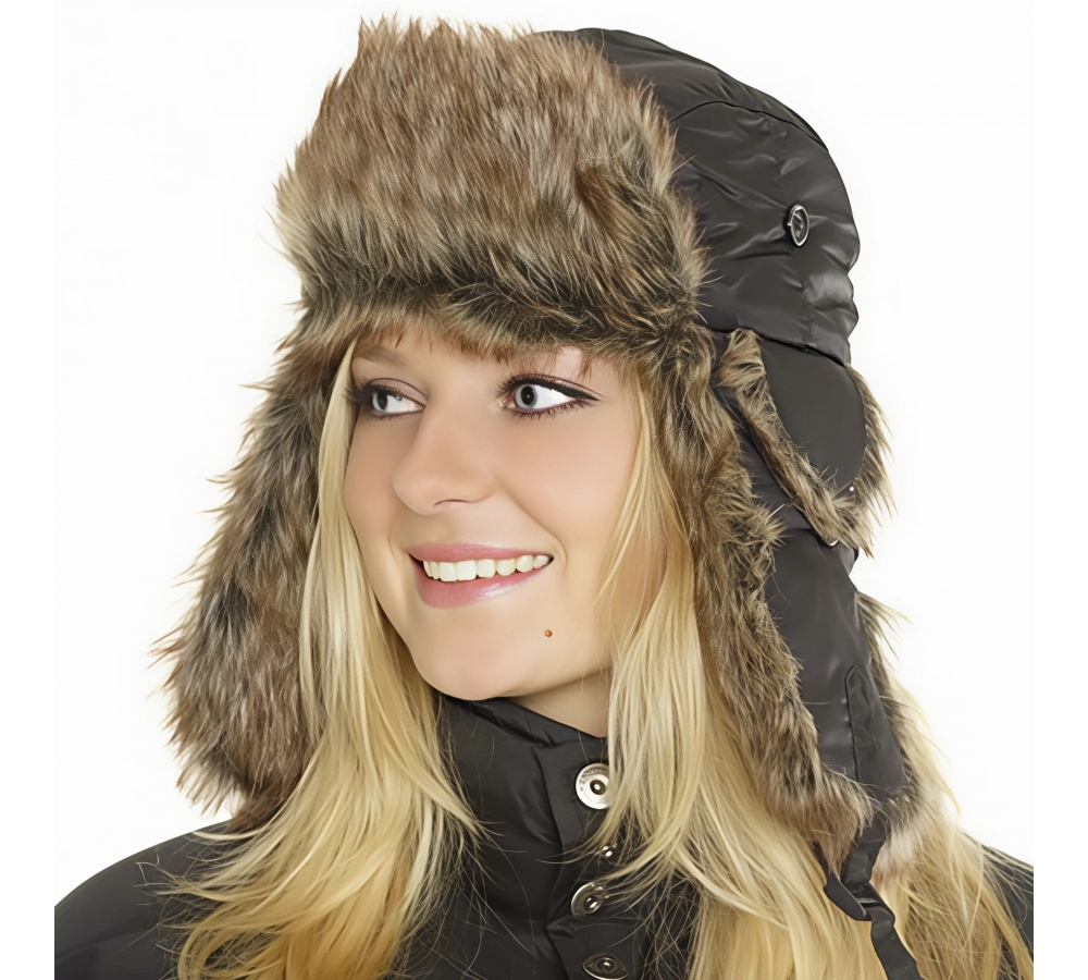 Zimní čepice s klapkami, nylon, umělá kožešina, černá, Fostex Garments