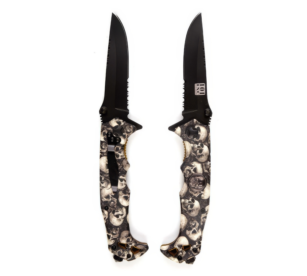 Coltello pieghevole "Skull + Clip", nero/rosso, 101 Inc.