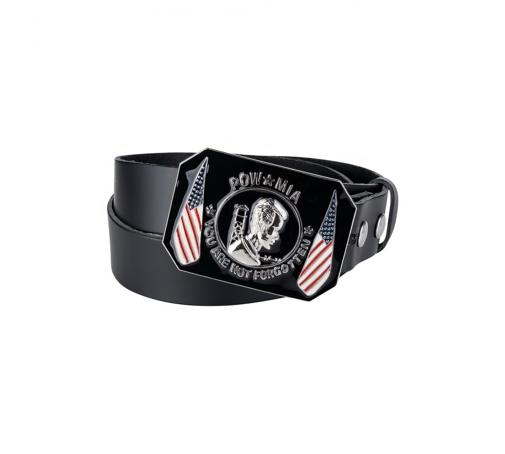 Fibbia "POW MIA", metallo, smalto, circa 7 cm, nero/argento, VanOs