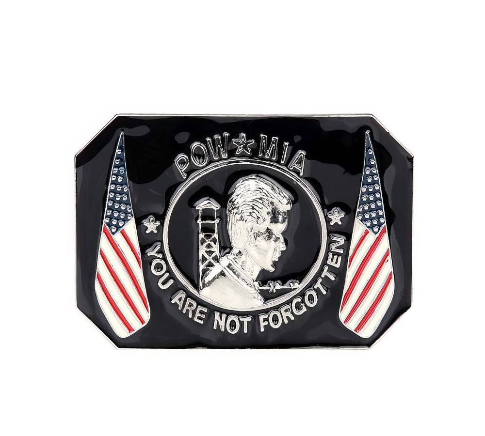 Fibbia "POW MIA", metallo, smalto, circa 7 cm, nero/argento, VanOs