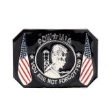 Fibbia "POW MIA", metallo, smalto, circa 7 cm, nero/argento, VanOs
