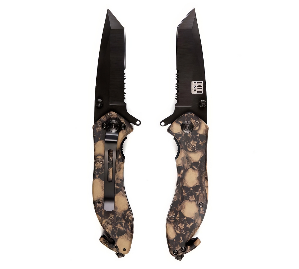 Nůž "Skull Clip", skládací, rozbíječ skla, černý, 101 INC